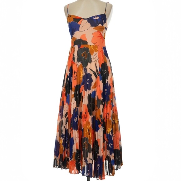 Sézane Nissa Floral Accordion Pleated Midi Dress in Peach, Navy & Coral Event - Picture 4 of 14
